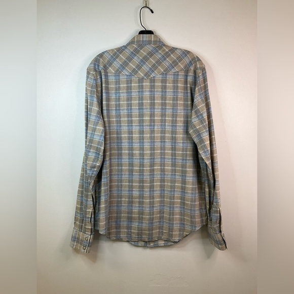 LUCKY BRAND Men’s Tan Blue Plaid Shirt Yoke Pearl Snap, sz Medium - Picture 3 of 7